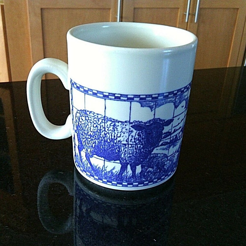 Vintage Churchill Sheep Coffee Mug Blue White Tea Cup England Farm Animals Lambs